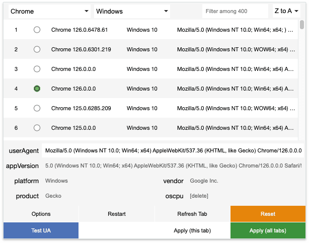 User-agent switcher and manager extension