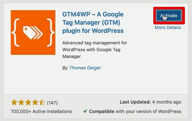 Activating the GTM4WP plugin