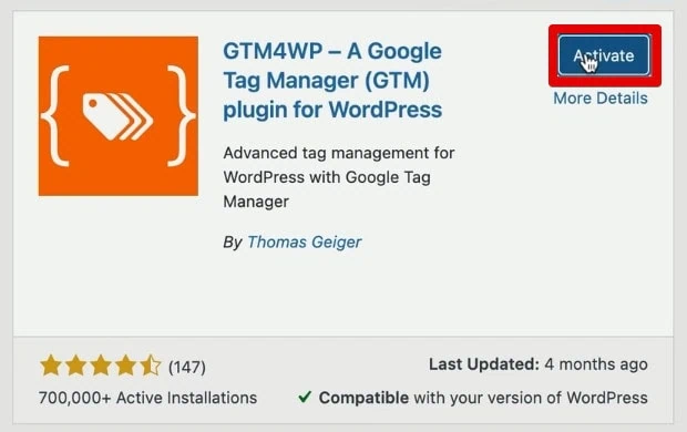 Activating the GTM4WP plugin