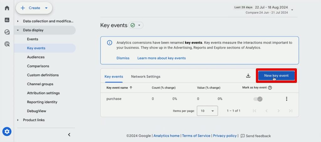Adding a new key event in GA4