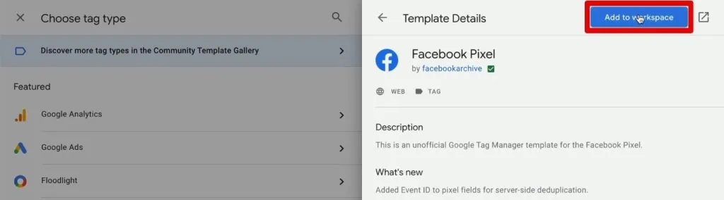 Adding the Facebook Pixel tag template to the GTM workspace