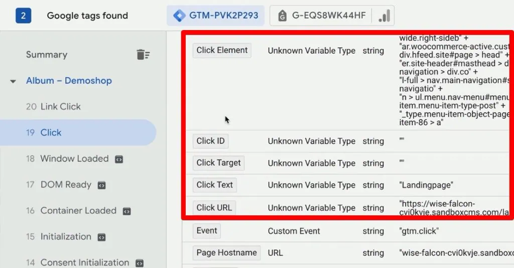 Click variables after clicking the landing page button