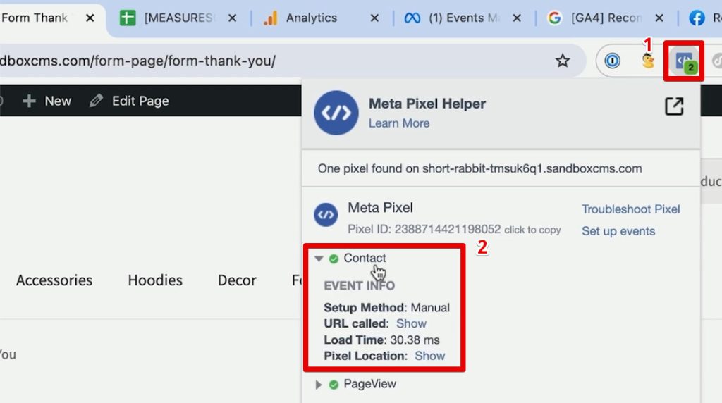 Contact event in the Meta Pixel Helper