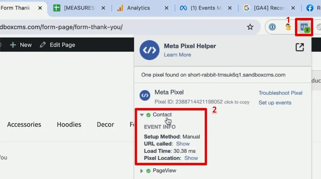 Contact event in the Meta Pixel Helper