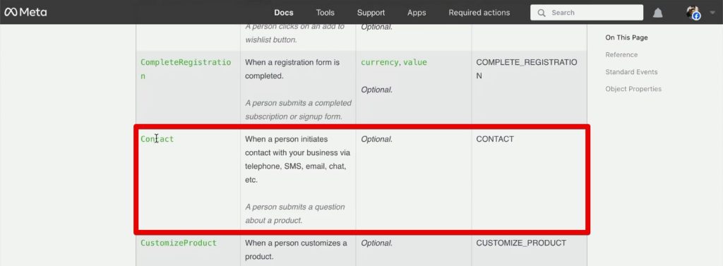 Contact event in the Meta standard events documentation