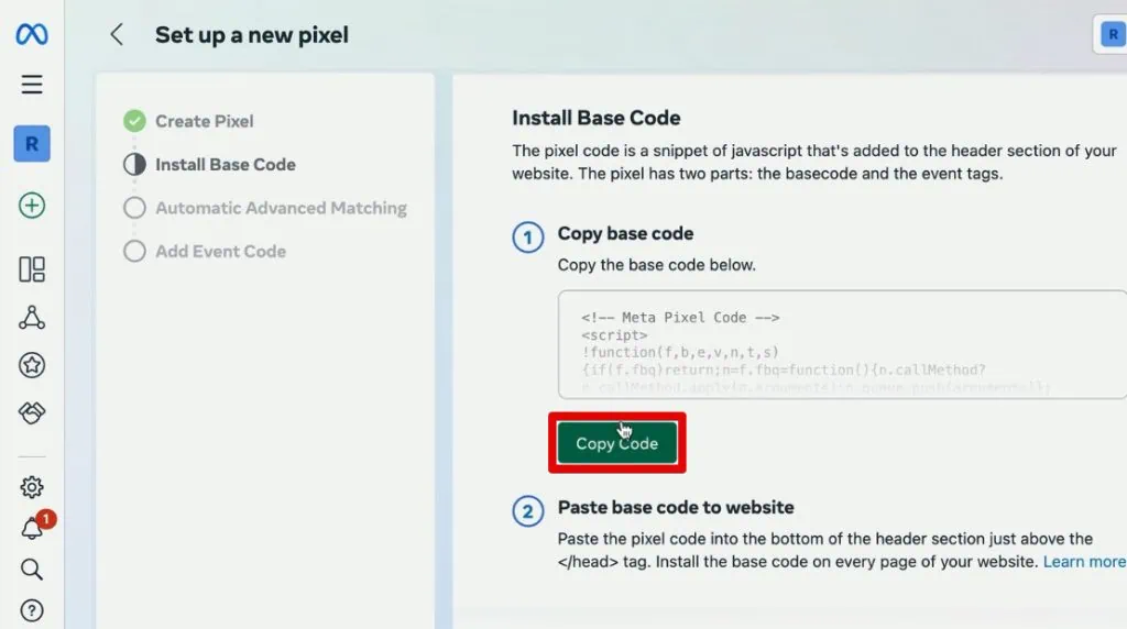 Copying the base Meta Pixel code