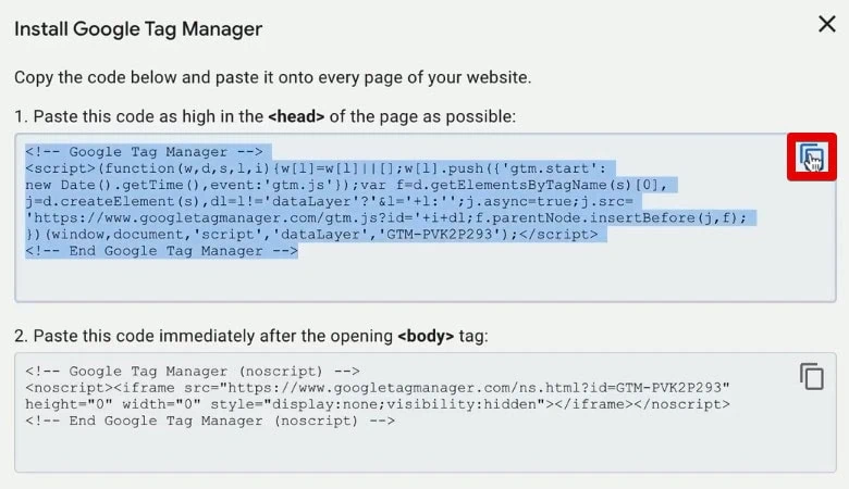 Copying the first code of the GTM snippet
