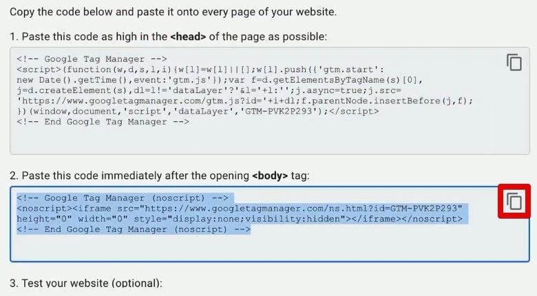 Copying the second code of the GTM snippet