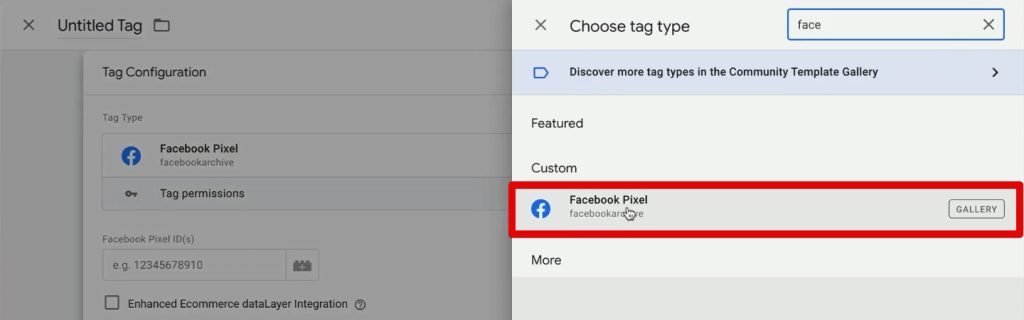 Facebook Pixel tag template added to the workspace