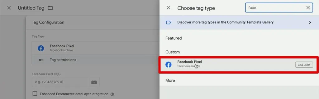 Facebook Pixel tag template added to the workspace