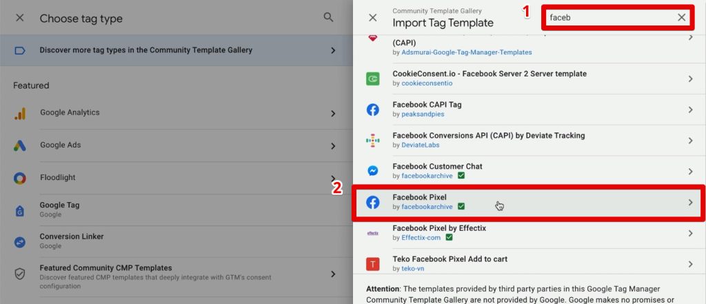 Facebook Pixel tag template from the community template gallery