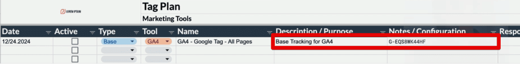 Filling out the description for the GA4 base tag in the tag plan