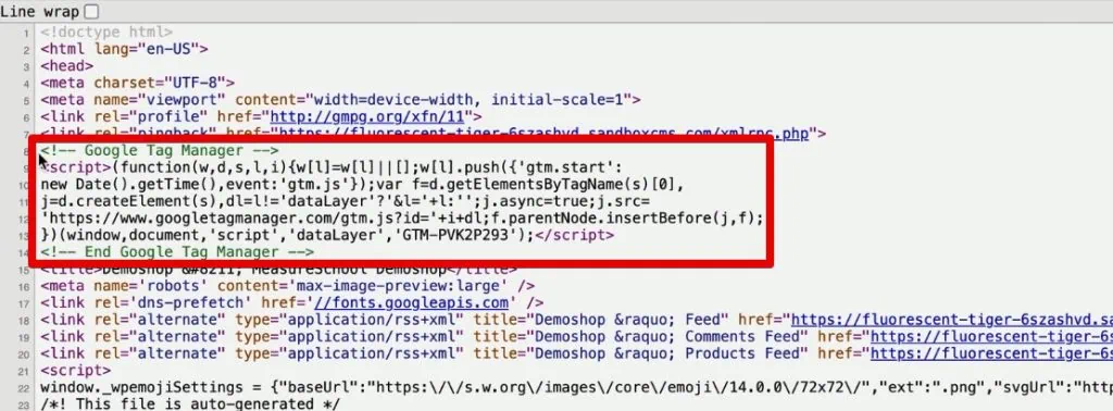 First snippet of the GTM code in the demo shop code