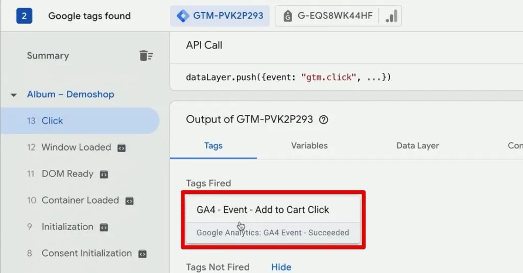 GA4 event tag firing after an add-to-cart click