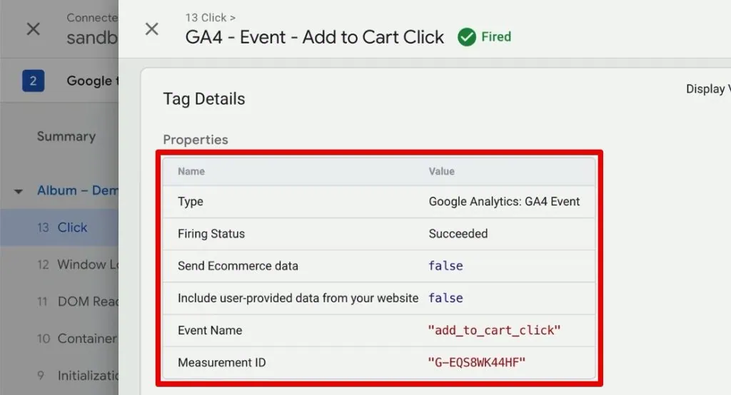 GA4 event tag information after an add-to-cart click