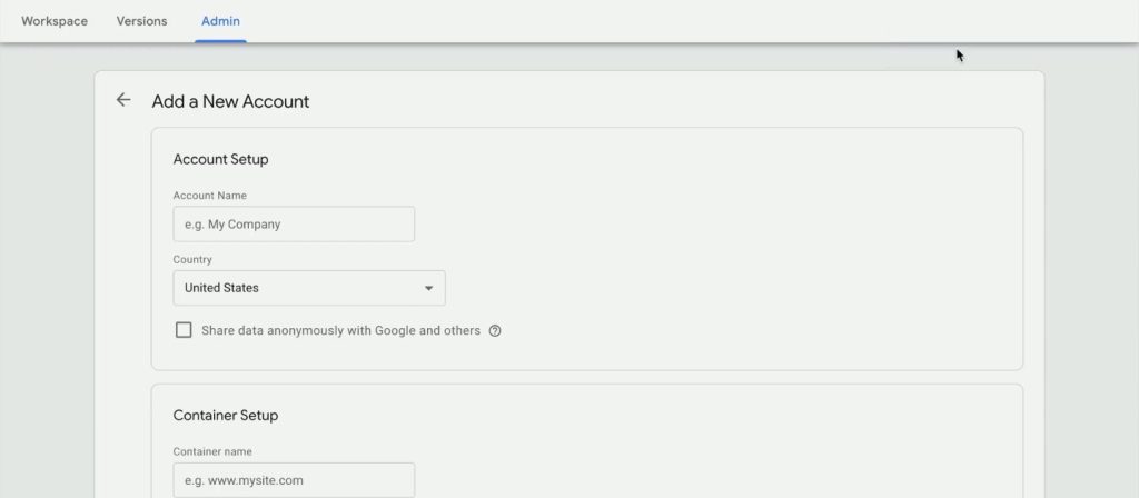 GTM account creation interface
