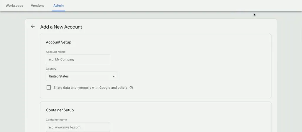 GTM account creation interface