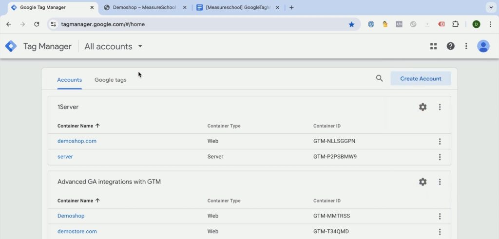 GTM account management interface