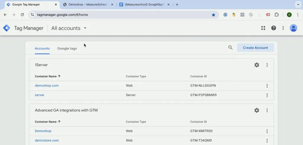 GTM account management interface