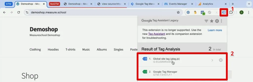 Global site tag and GTM on the demo shop with GTM installed