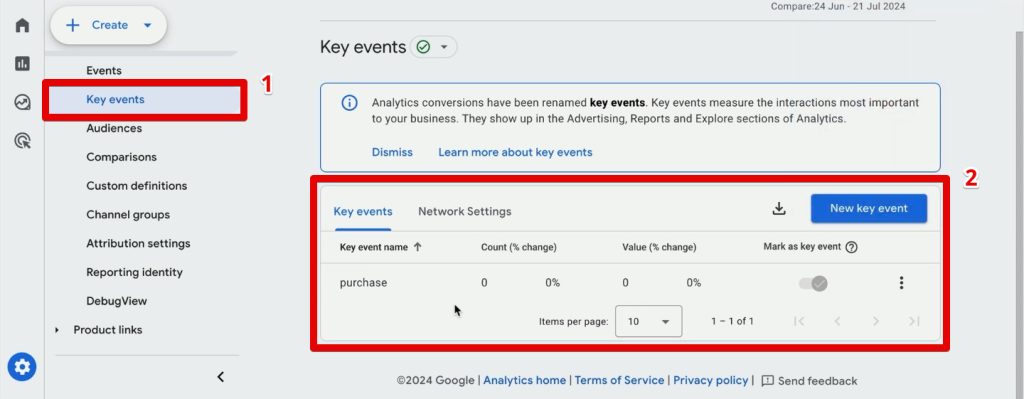 Key events section in GA4