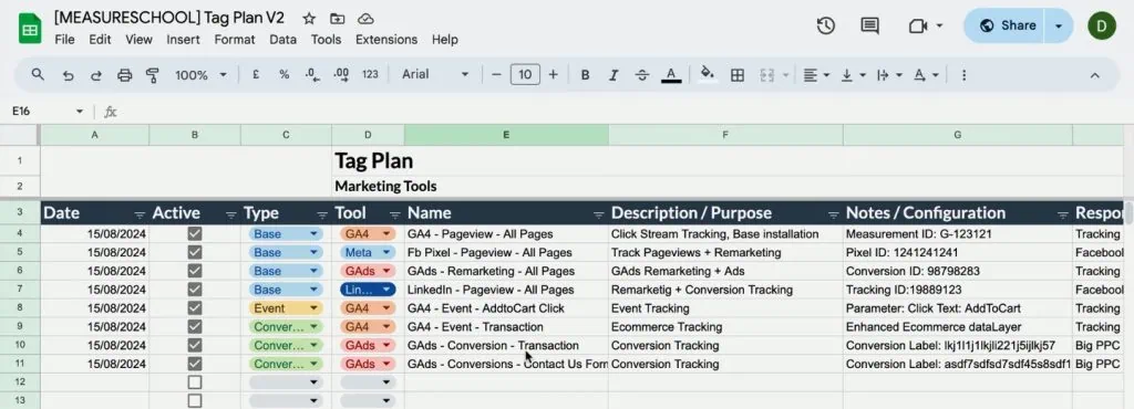 MeasureSchool tag plan Google Sheets template