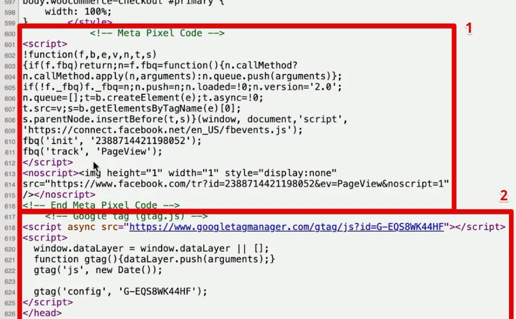 Meta Pixel and Global site tag codes in the page source HTML
