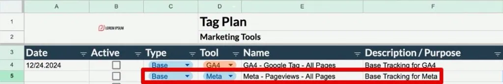 Meta Pixel base tag configuration in the tag plan