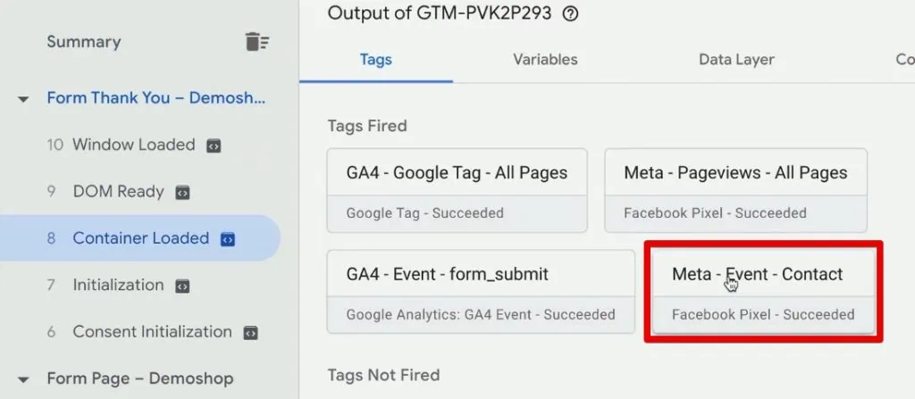 Meta Pixel event tag in the Tag Assistant