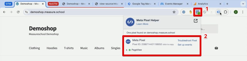 Meta Pixel on the demo shop with GTM installed