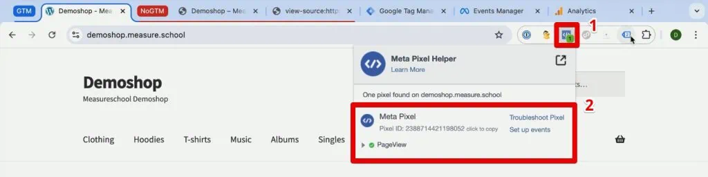 Meta Pixel on the demo shop with GTM installed