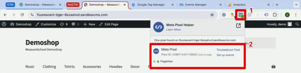 Meta Pixel on the demo shop without GTM installed