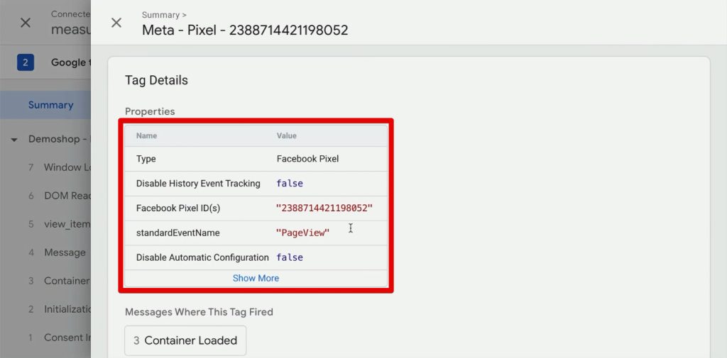 Meta Pixel tag details
