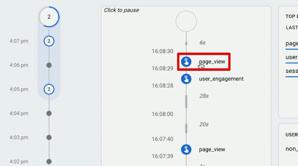 New page view event recorded in the DebugView