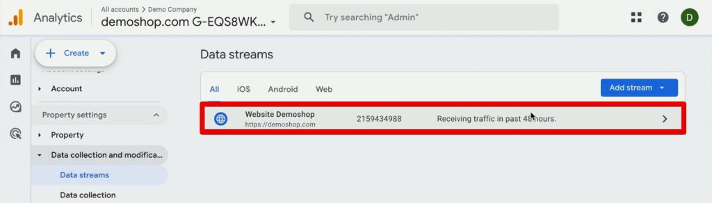 Opening the data stream settings
