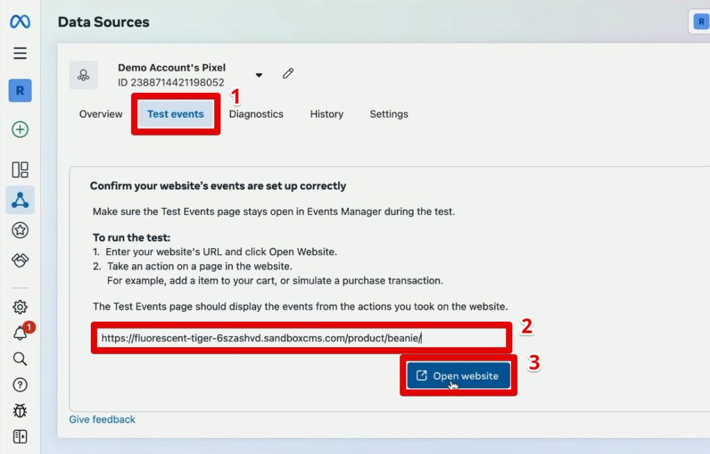 Opening the test events tab in the events manager