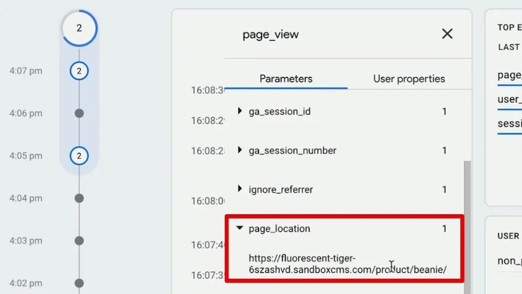 Page location parameter of the page view event