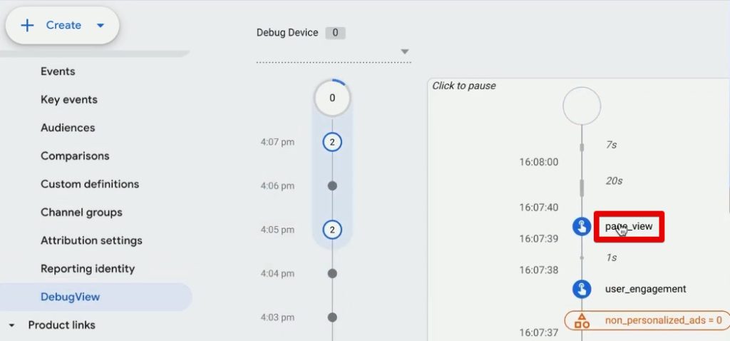Page view event recorded in the DebugView