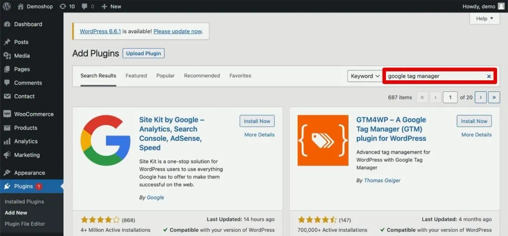 Searching for Google Tag Manager plugins in WordPress