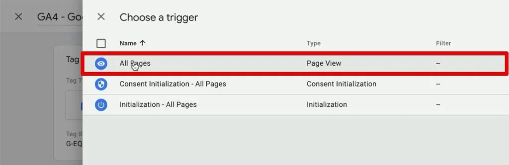 Selecting the All Pages trigger for the Google tag