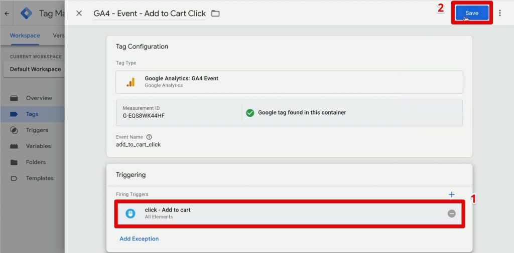 Setting the add-to-cart trigger for the GA4 event tag