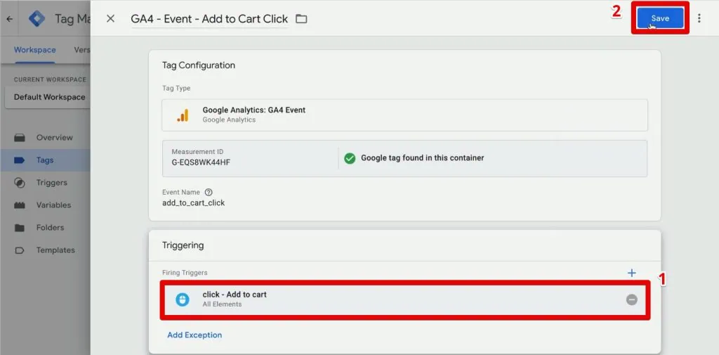 Setting the add-to-cart trigger for the GA4 event tag