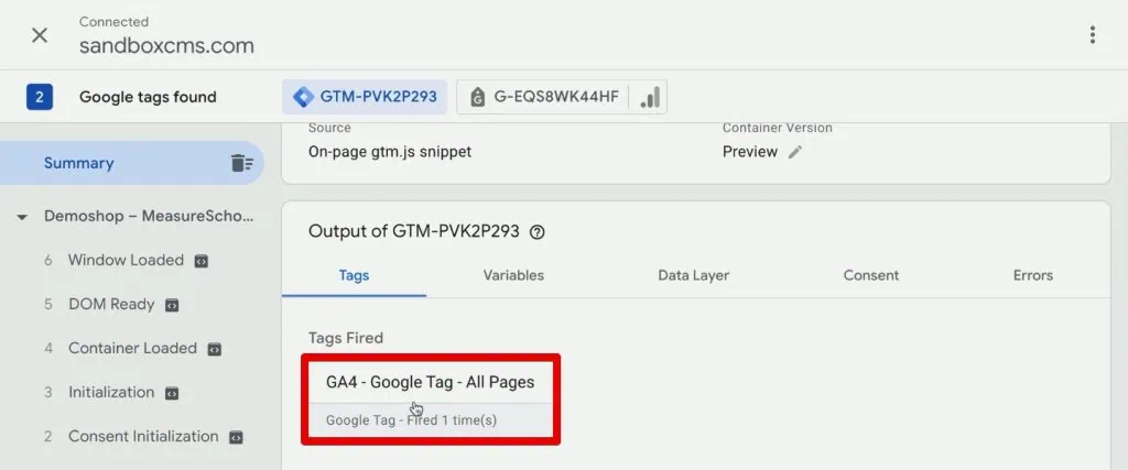 Successful firing of the Google Tag