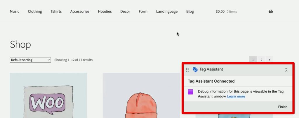 Tag Assistant connected to the demo shop using the GTM4WP installation