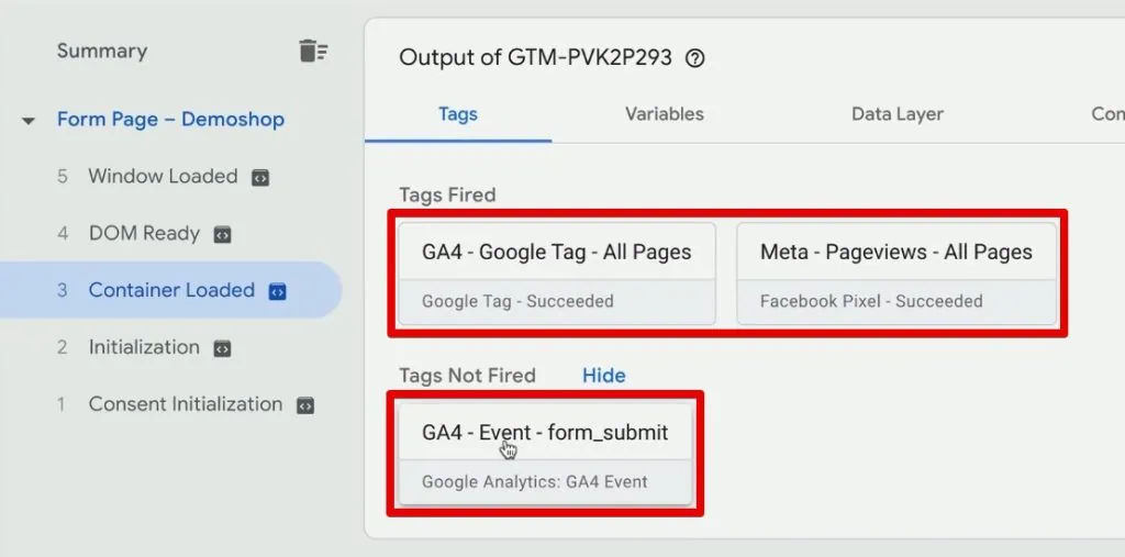 Tags firing in the Contact Us form page