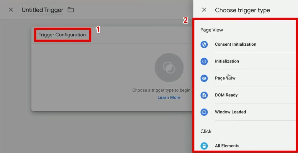 Trigger types in the trigger configuration pane