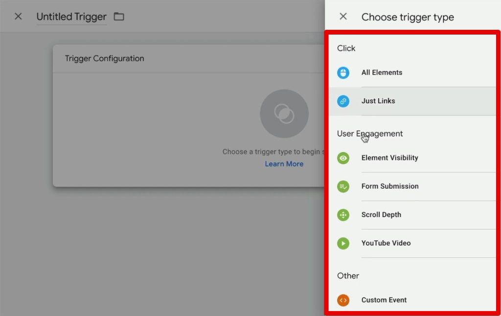 Trigger types listed in Google Tag Manager