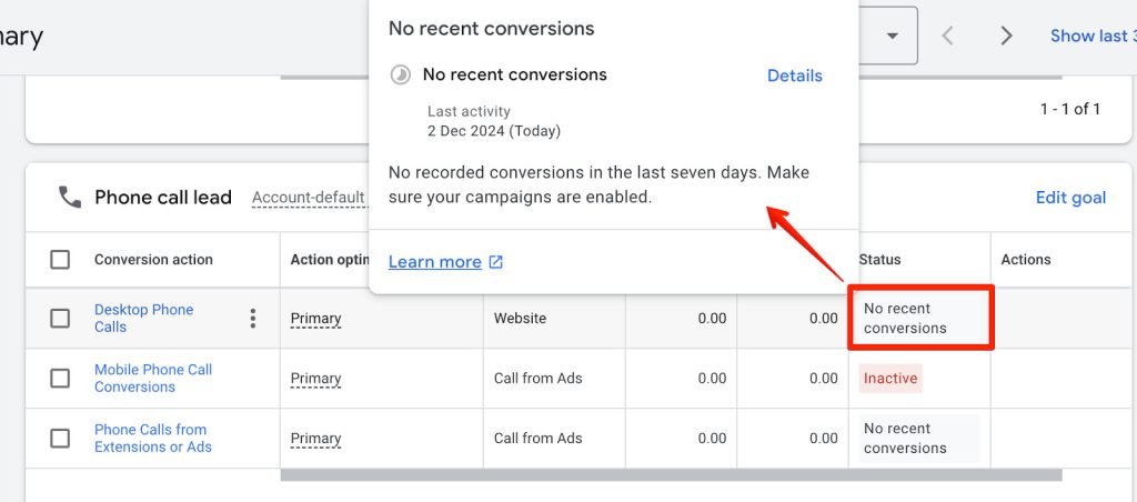 Conversions in Google Ads with status