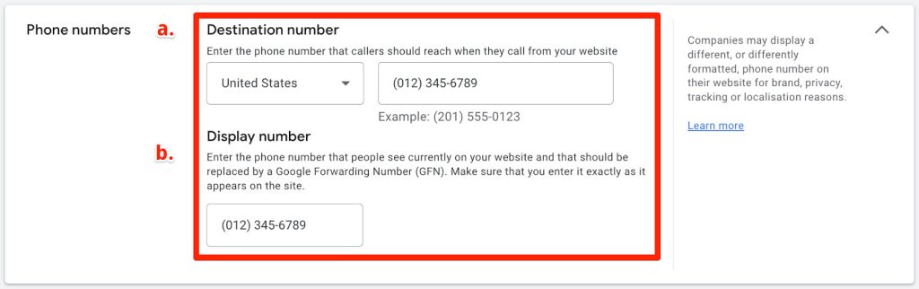 Google Ads phone numbers for phone call conversions
