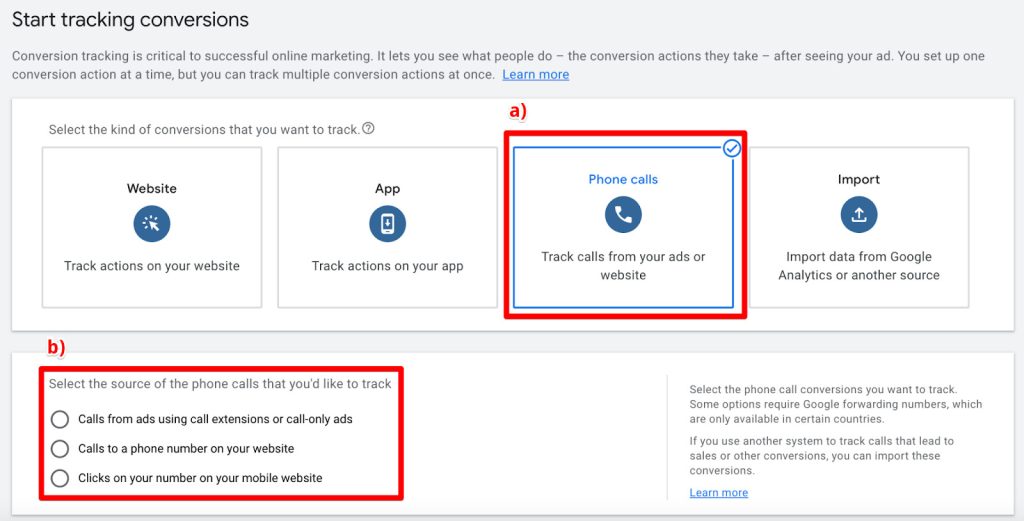Phone calls as type of conversion and source of phone calls in Google Ads